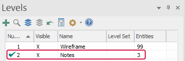 The Levels manager with a Notes level. 